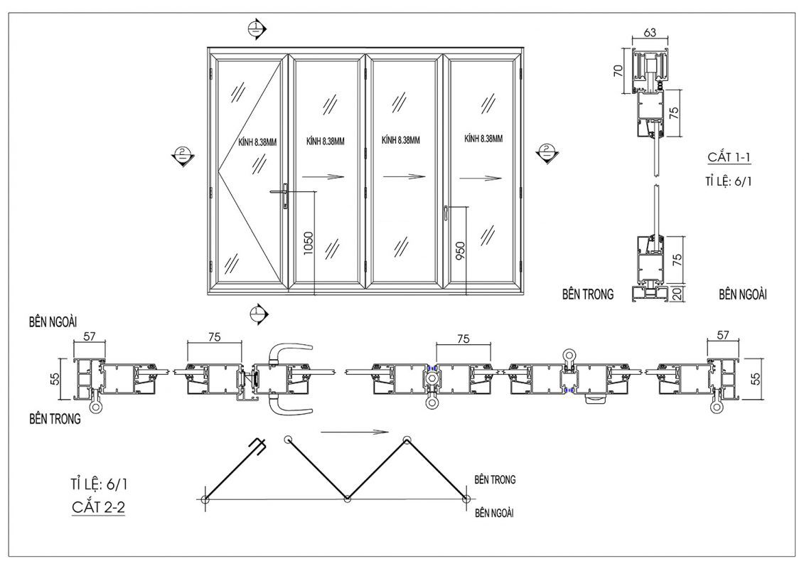 Bản vẽ kĩ thuật cửa đi xếp trượt 4 cánh