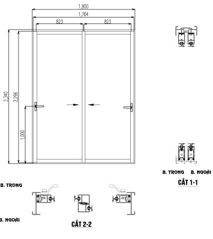 Bản vẽ kĩ thuật của cửa đi mở trượt có 2 cánh