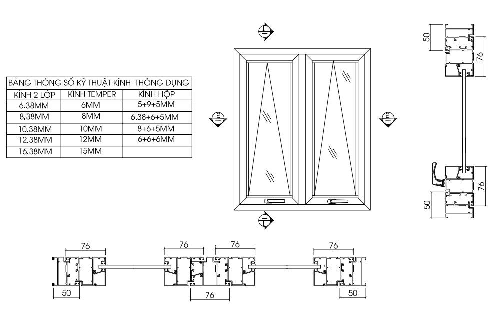 Bản vẽ kỹ thuật của cửa sổ mở hất