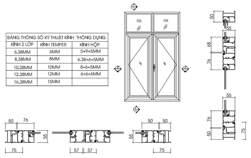 Bản vẽ kĩ thuật cửa sổ kiểu mở quay