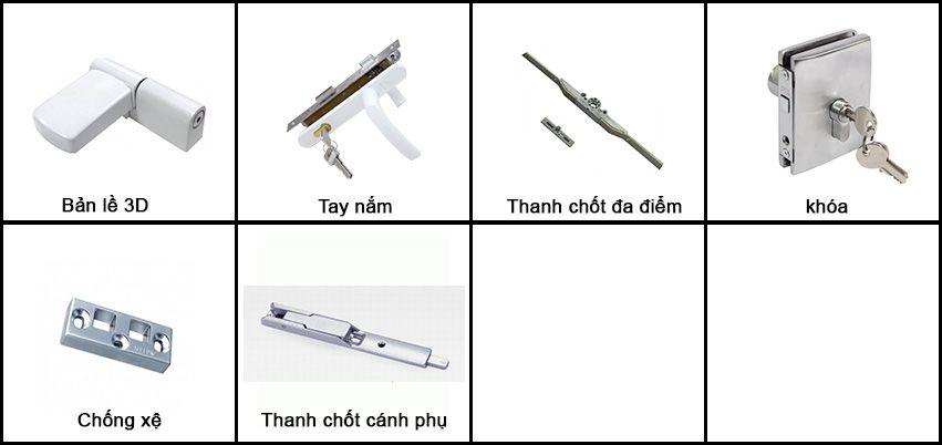 Các phụ kiện cho cửa đi mở quay 2 cánh, 4 cánh