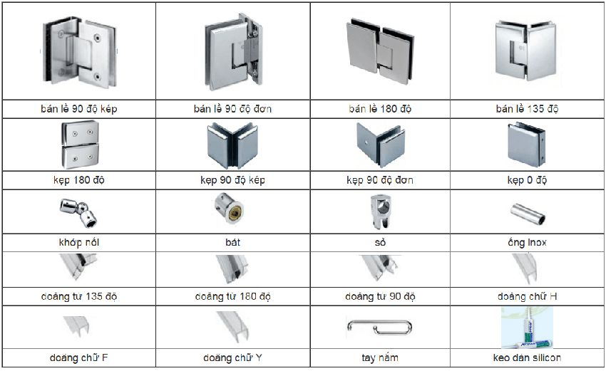 Các phụ kiện của vách kính tắm cường lực vát góc