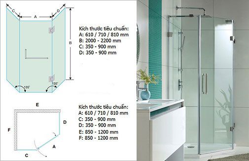 Kích thước phòng tắm sử dụng vách tắm cường lực vát góc